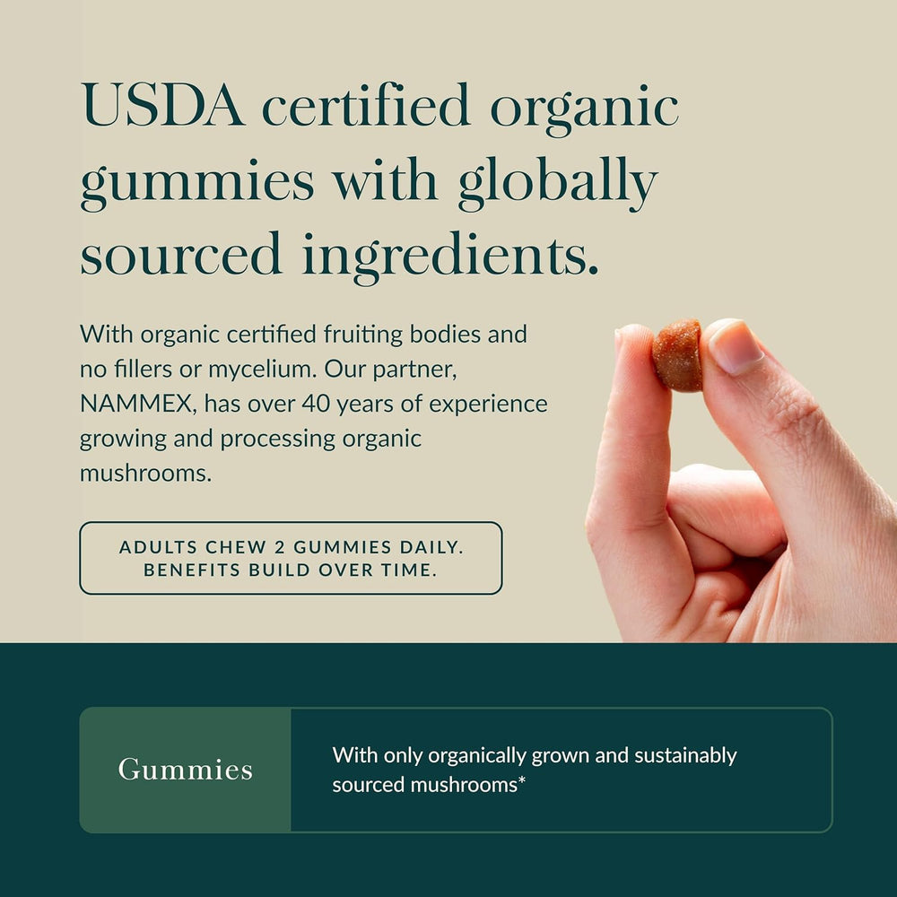 Gaia Herbs Lions Mane Gummies packaging emphasizes vegan and gluten-free quality.