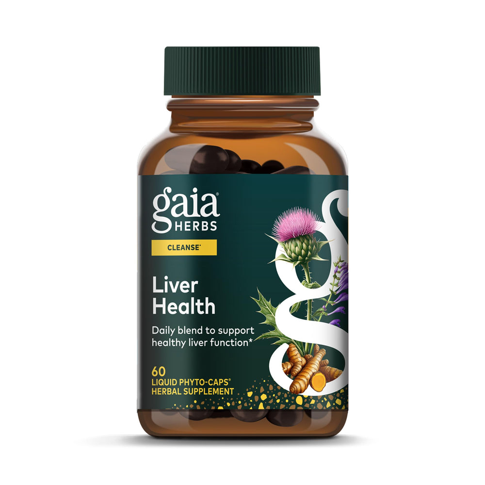 Gaia Herbs Liver Health bottle closeup highlighting daily liver support