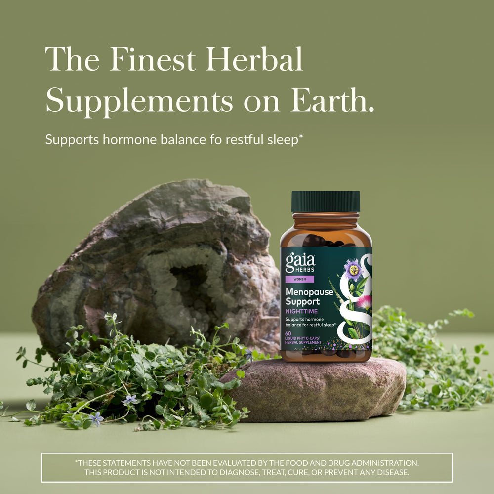 Gaia Herbs Menopause Nighttime bottle angled showcases vegan capsules for night rest