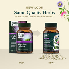 Gaia Herbs Menopause Nighttime glass with pills suggests a vegan, dairy-free formula