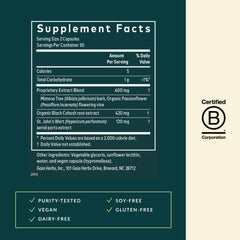 Gaia Herbs Menopause Nighttime label close-up reveals clean, plant-based ingredients