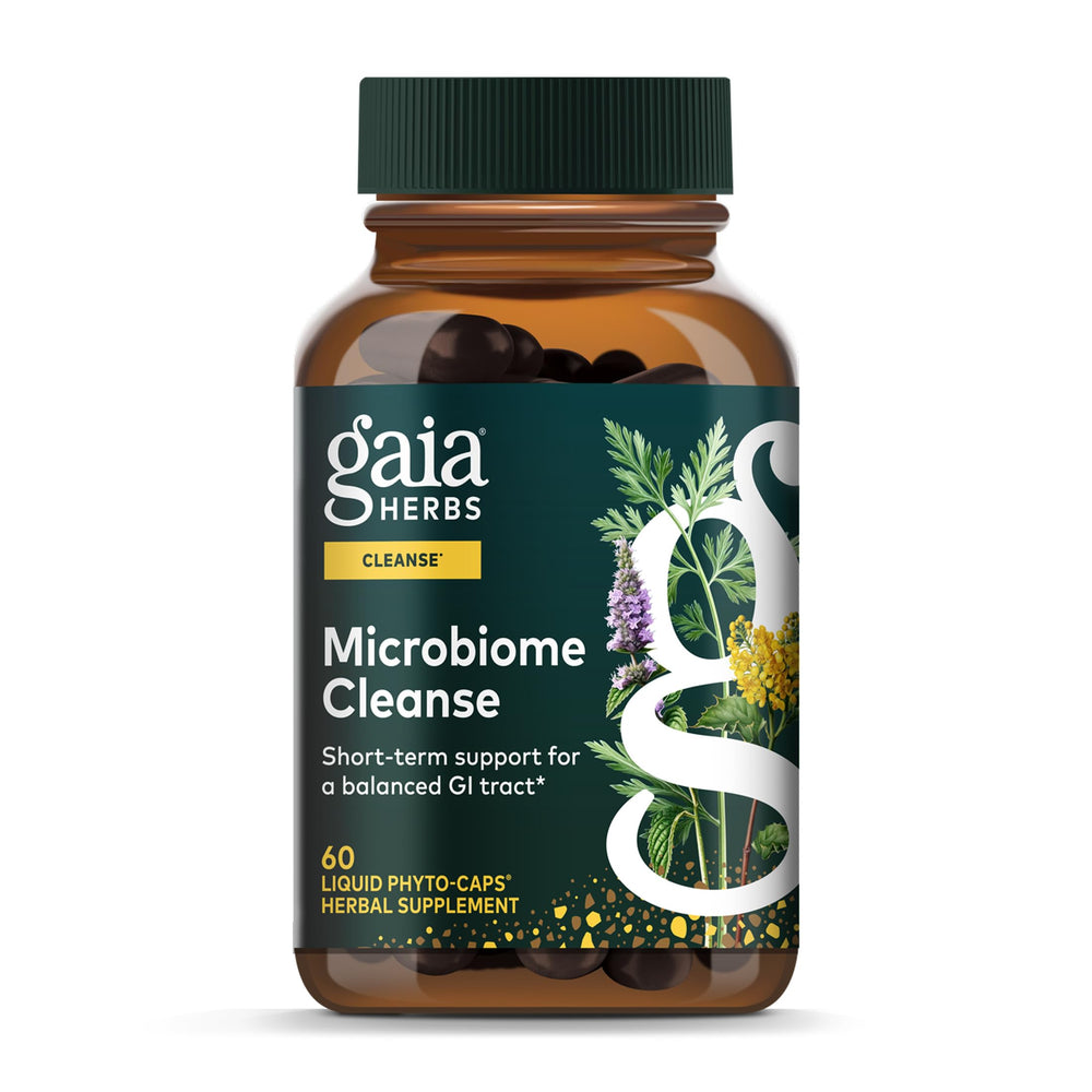Gaia Herbs Microbiome Cleanse bottle front shows herbal blend for digestion support.