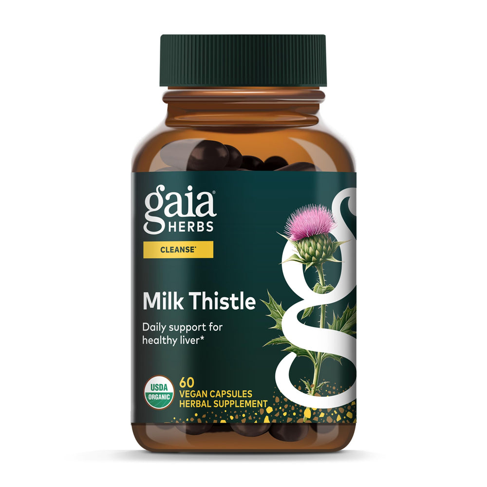 Gaia Herbs Milk Thistle bottle showing full-spectrum extract for liver support
