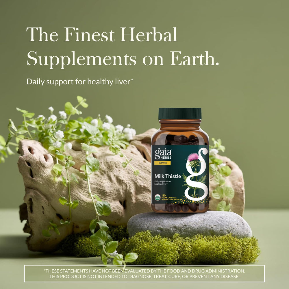 Gaia Herbs Milk Thistle capsules in sealed pack, ready for daily digestive wellness.