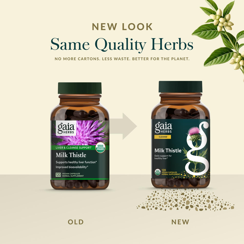 Gaia Herbs Milk Thistle ingredient note, emphasizing globally sourced botanicals.