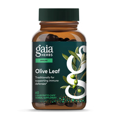 Gaia Herbs Olive Leaf bottle close-up highlighting pure extract for immune support