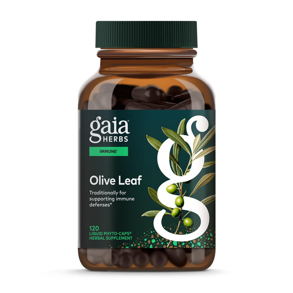 Gaia Herbs Olive Leaf bottle pour shows easy daily immune support in a vegan capsule.
