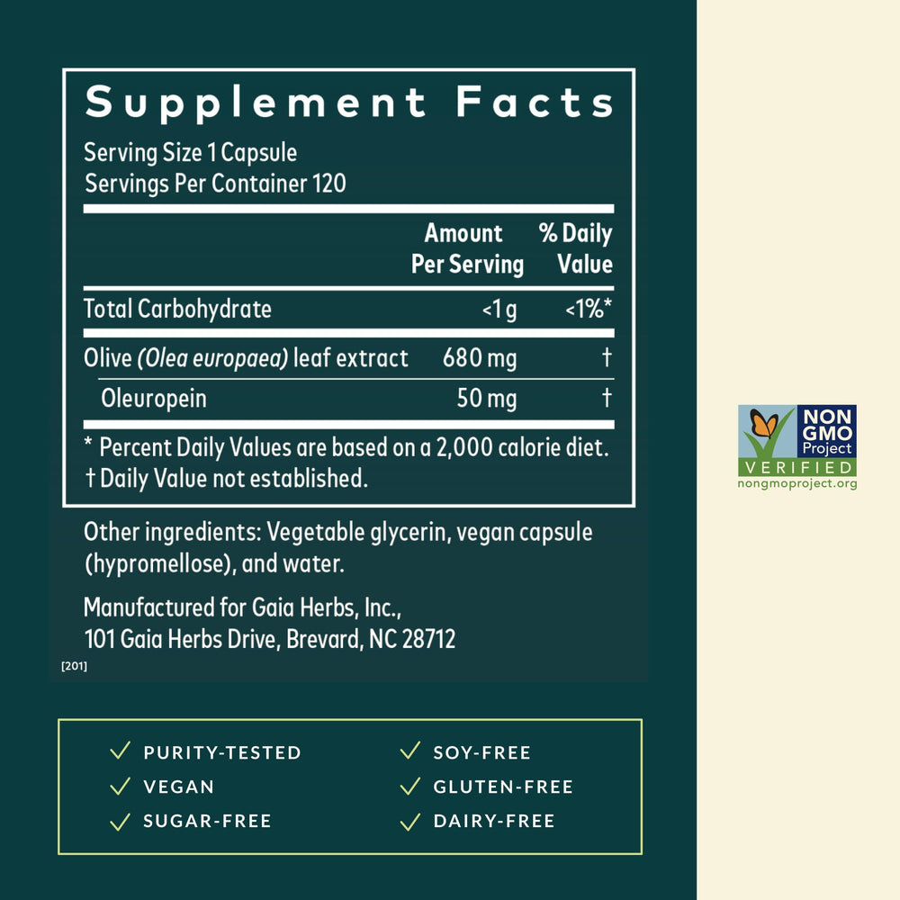 Gaia Herbs Olive Leaf capsules closeup emphasizes convenient, seasonally friendly wellness.