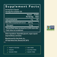 Gaia Herbs Olive Leaf capsules closeup emphasizes convenient, seasonally friendly wellness.