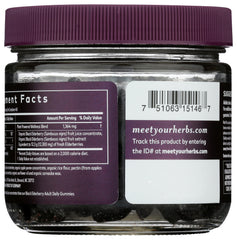 Gaia Herbs organic elderberry gummy jar close-up emphasizes organic ingredients for everyday use