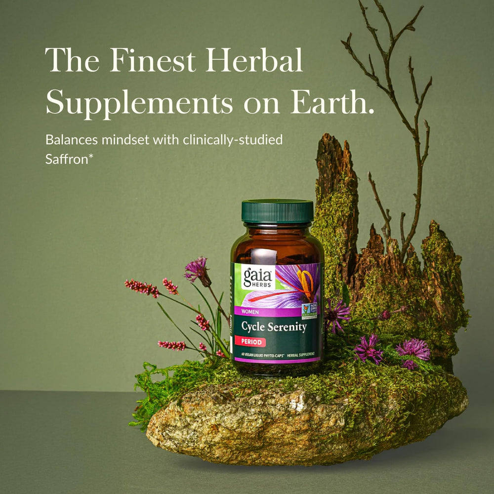 Gaia Herbs Period Cycle Serenity capsules closeup for daily vegan use