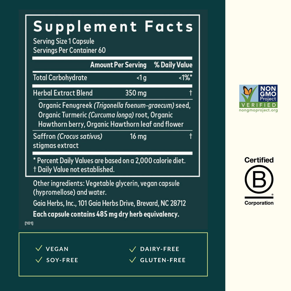 Gaia Herbs Period Cycle Serenity turmeric closeup as part of the blend