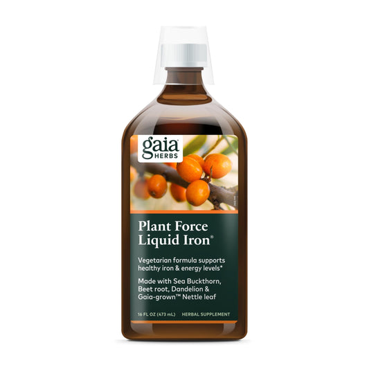 Gaia Herbs Plant Force Liquid Iron bottle ready for daily energy support