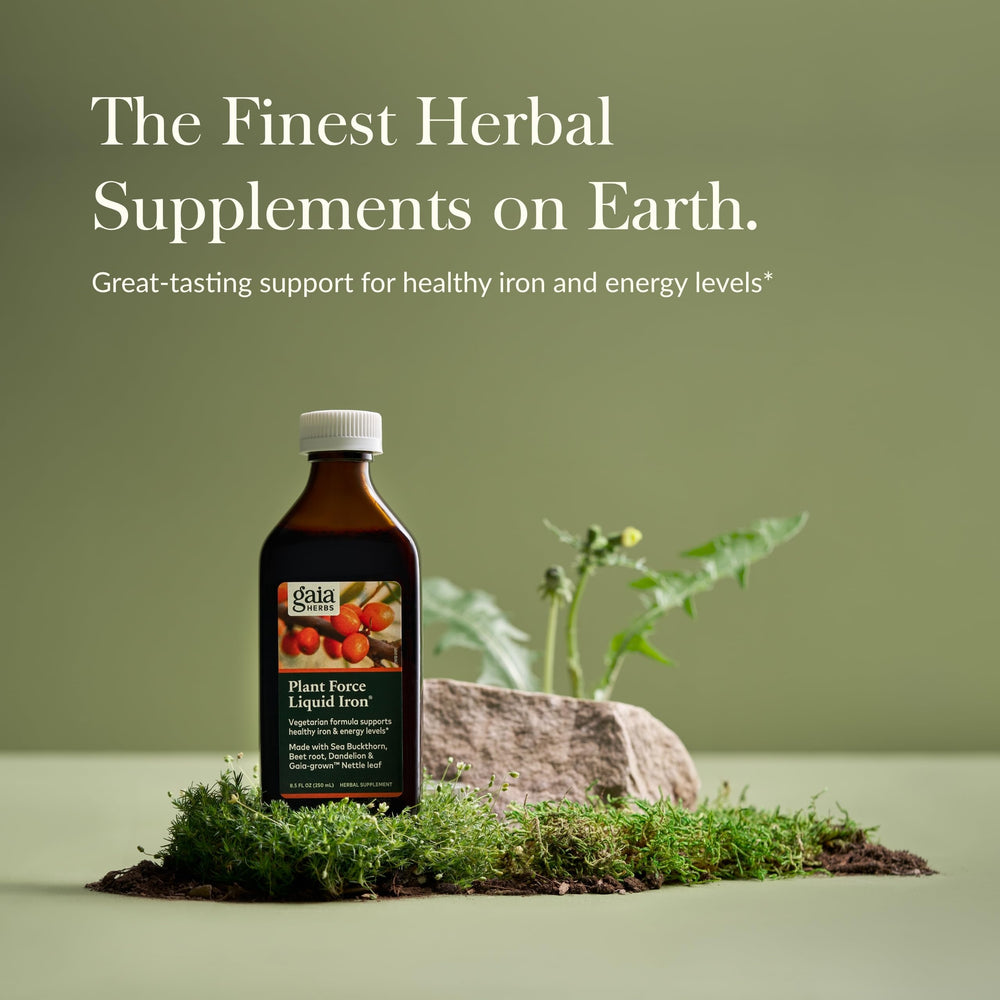 Gaia Herbs Plant Force Liquid Iron dropper dispensing for easy use