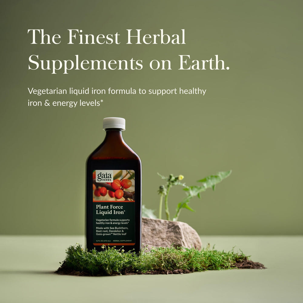 Pouring Gaia Herbs Plant Force Liquid Iron to show easy daily dosing