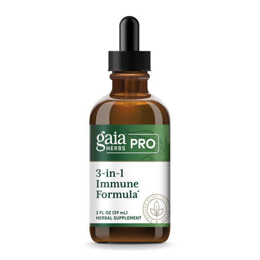 Gaia Herbs PRO 3-in-1 Immune Formula bottle supports daily resilience with astragalus and schisandra.