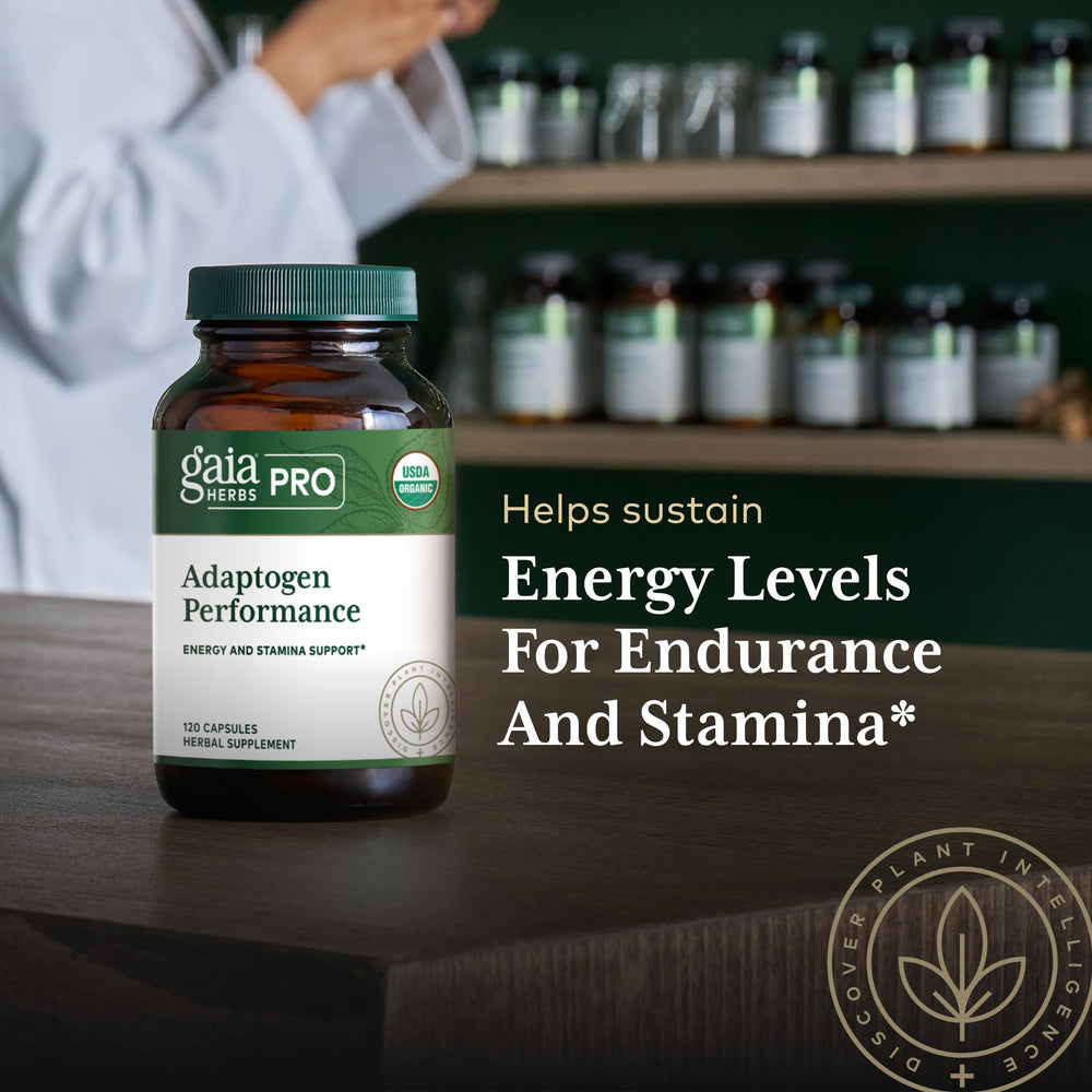 GAIA Herbs PRO Adaptogen Performance packaging highlighting regenerative farming roots.
