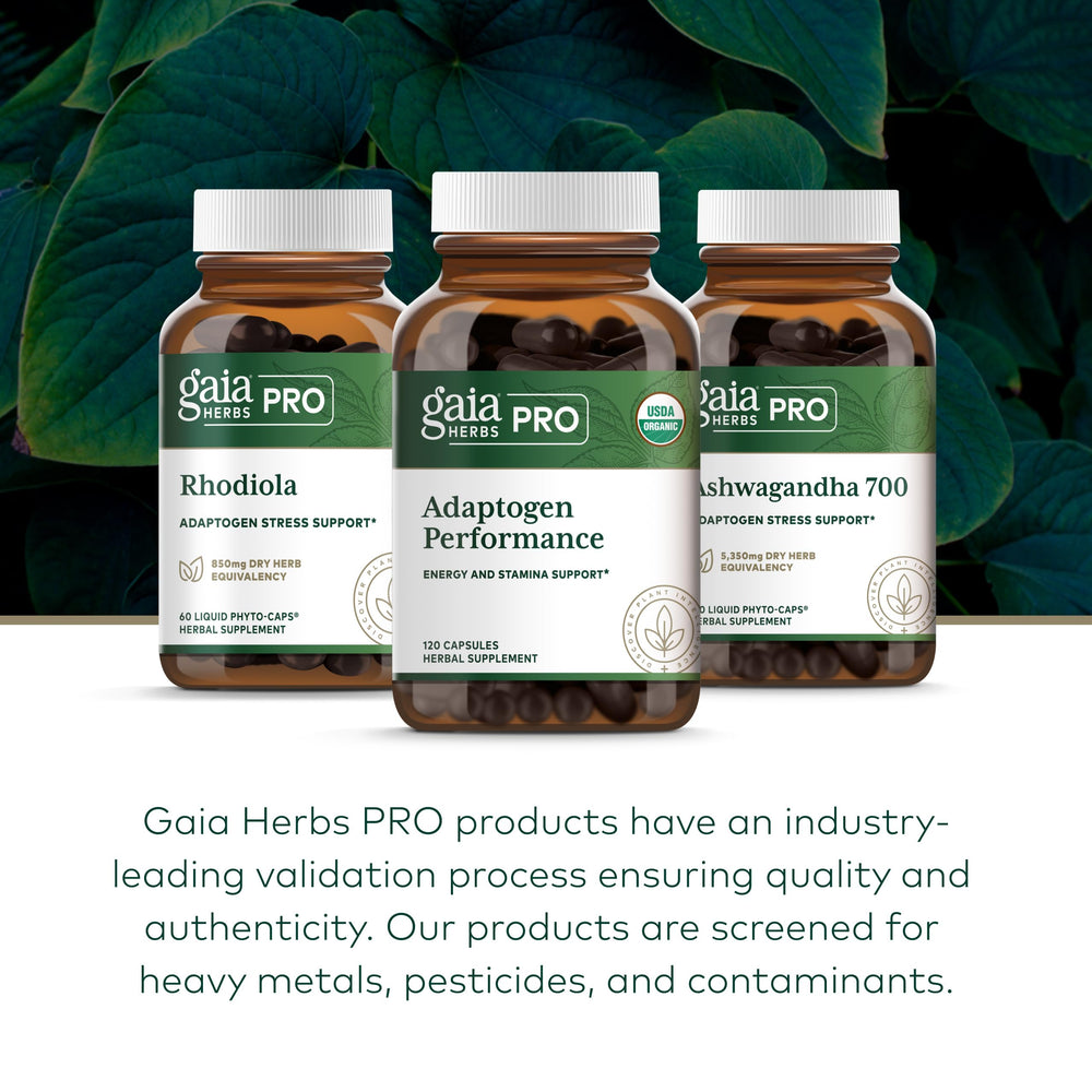 GAIA Herbs PRO Adaptogen Performance pouring capsules illustrating convenient dosing.