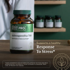 Gaia Herbs PRO Ashwagandha 700 vegan gluten-free soy-free label communicates clean diet compatibility.
