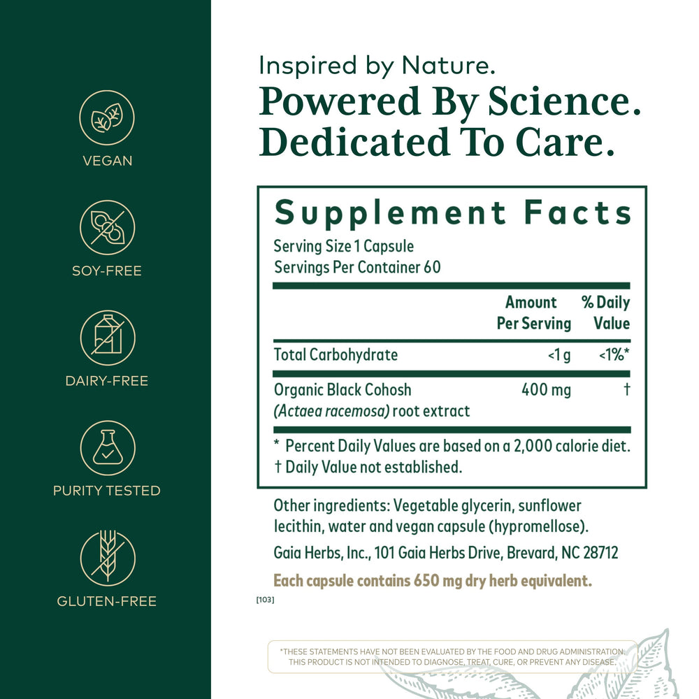 GAIA HERBS PRO Black Cohosh Pro label highlights organic root extract.