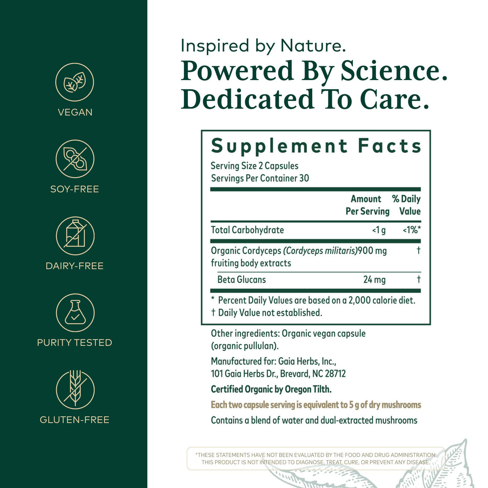 Gaia Herbs Pro Cordyceps capsules close-up for daily energy support