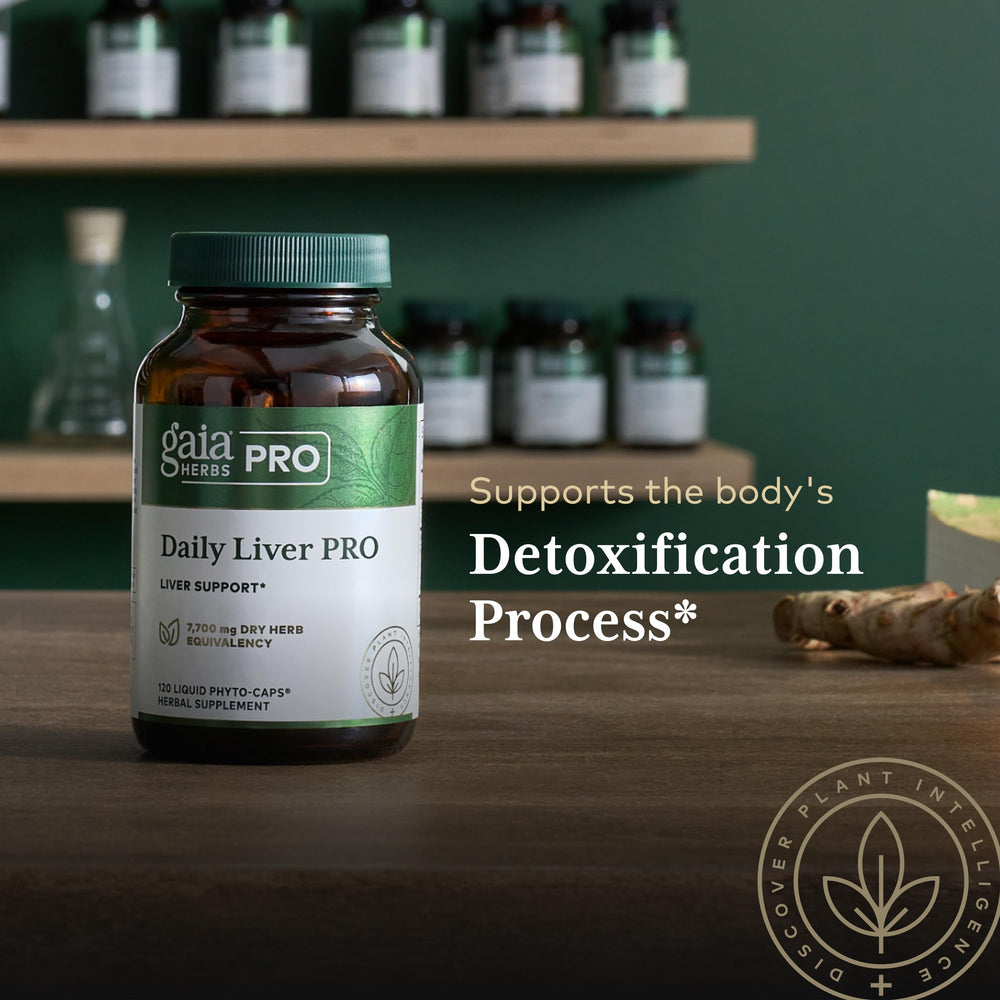 Gaia Herbs PRO Daily Liver Pro bottle with measuring scoop ready for daily use
