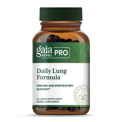 Gaia Herbs PRO Daily Lung Formula bottle closeup shows label and 60 servings for respiratory support.