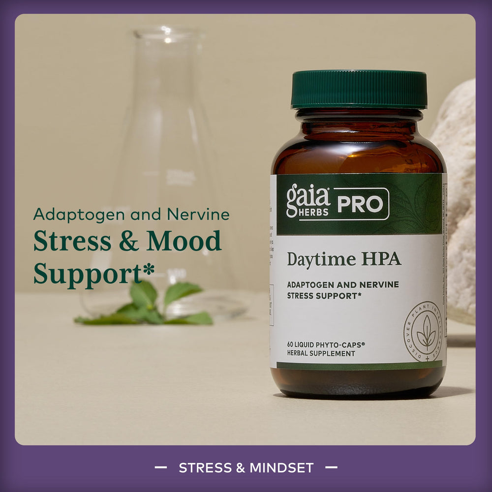 Gaia Herbs PRO Daytime HPA capsules collection demonstrates vegan, gluten-free convenience