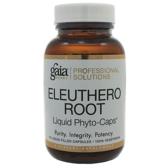 GAIA Herbs PRO Eleuthero bottle pour showing convenient liquid capsules for daily energy support.