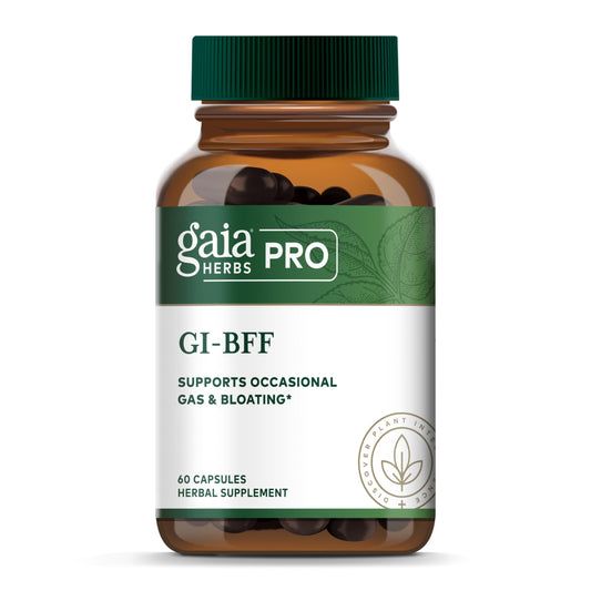 Gaia Herbs PRO GI-BFF bottle with 60 capsules supports occasional gas comfort.