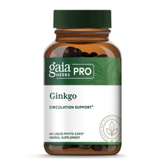 GAIA Herbs Pro ginkgo leaf extract bottle with label, supports healthy blood flow.