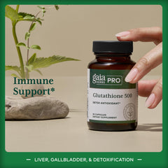 Gaia Herbs PRO Glutathione 500 label highlighting vegan, gluten-free formulation.