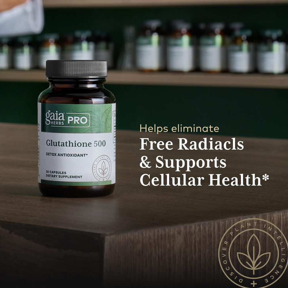 Gaia Herbs PRO Glutathione 500 testing seal indicating potency and purity checks.