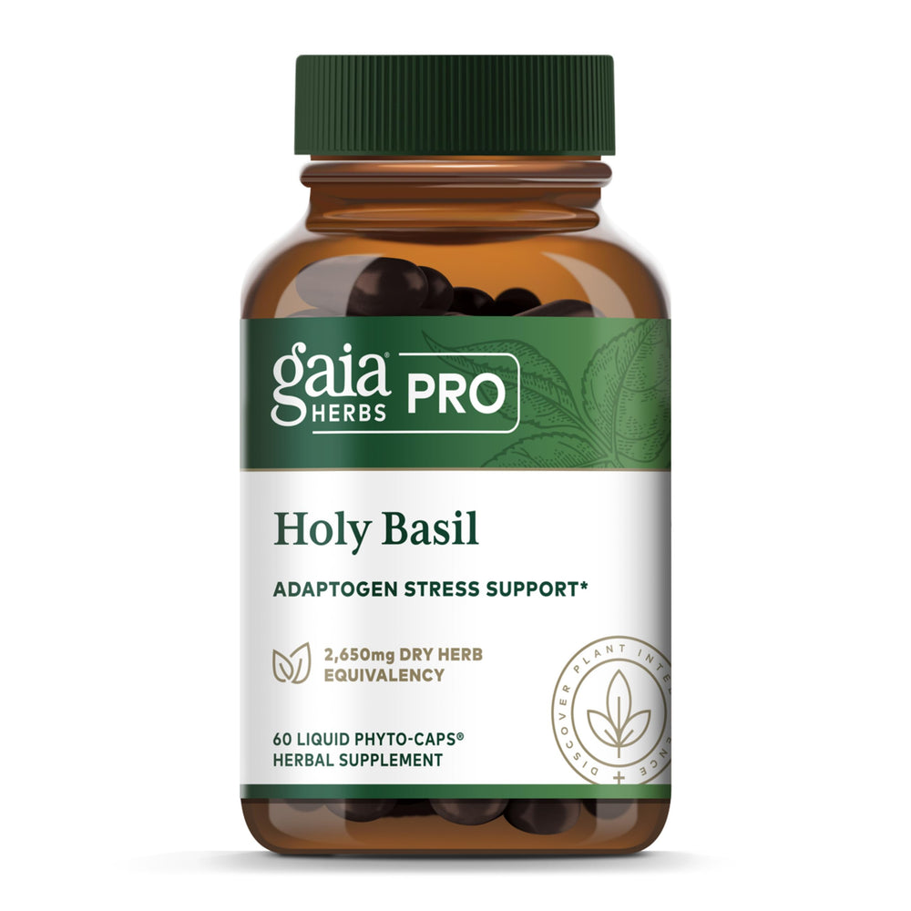 Gaia Herbs PRO Holy Basil bottle showing daily stress support option