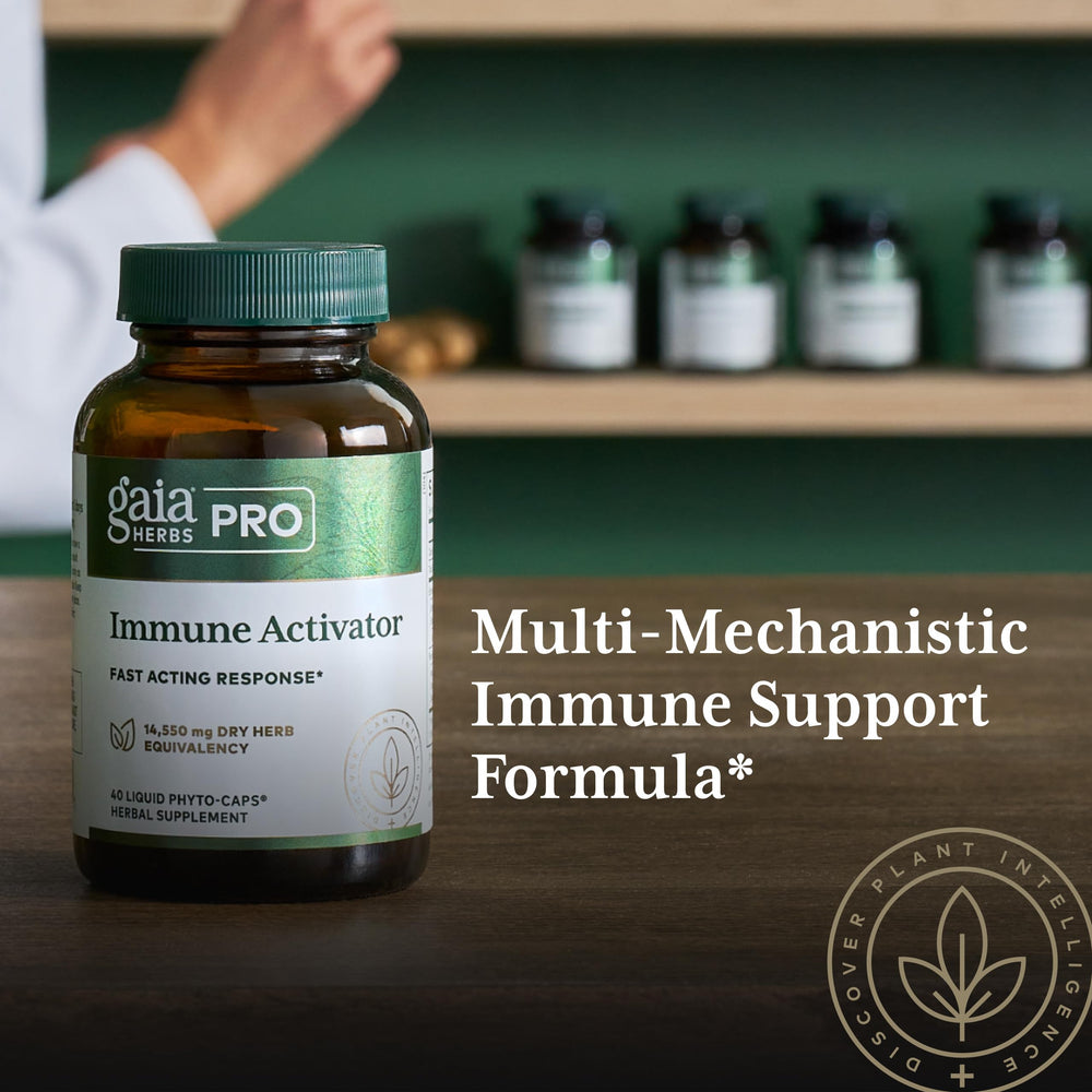 GAIA Herbs Pro Immune Activator echinacea components emphasize immune blend inside.