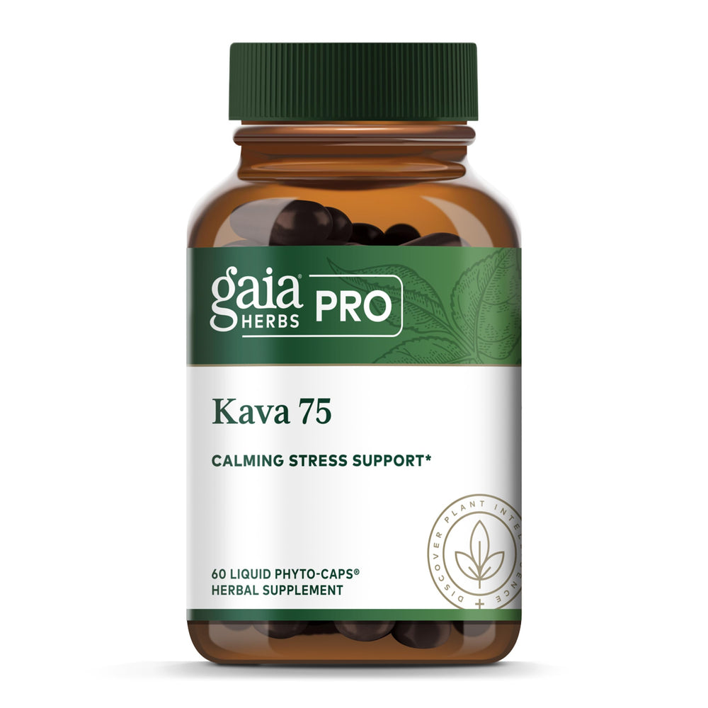 GAIA Herbs PRO Kava 75 bottle with calm-focused design for daily stress support