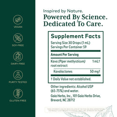 Gaia Herbs PRO Kava 50 bottle label close-up with kavalactones information