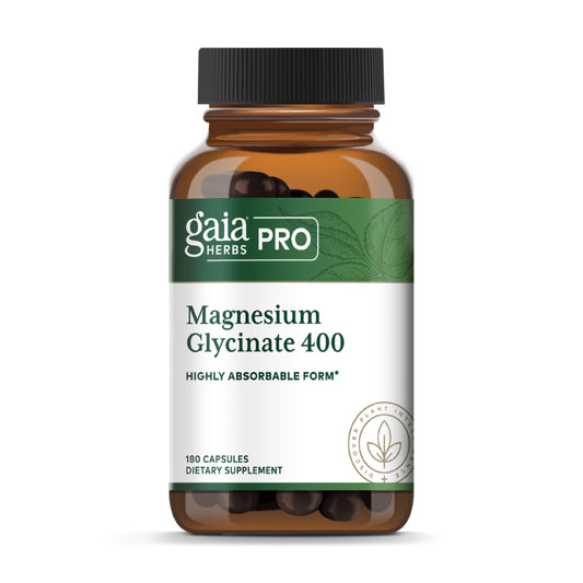Gaia Herbs PRO Magnesium Glycinate 400mg bottle for daily relaxation and energy support