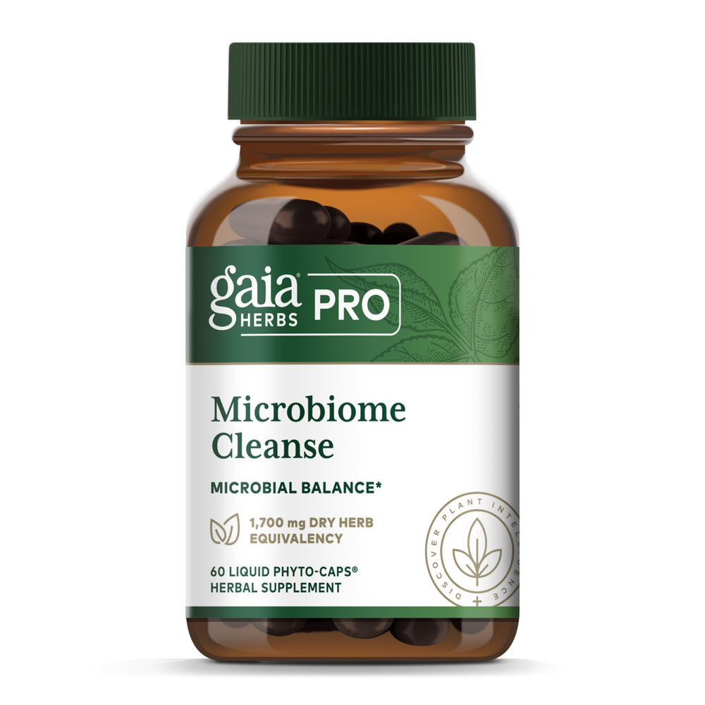 GAIA Herbs Pro Microbiome Cleanse bottle on shelf shows digestive support potential.
