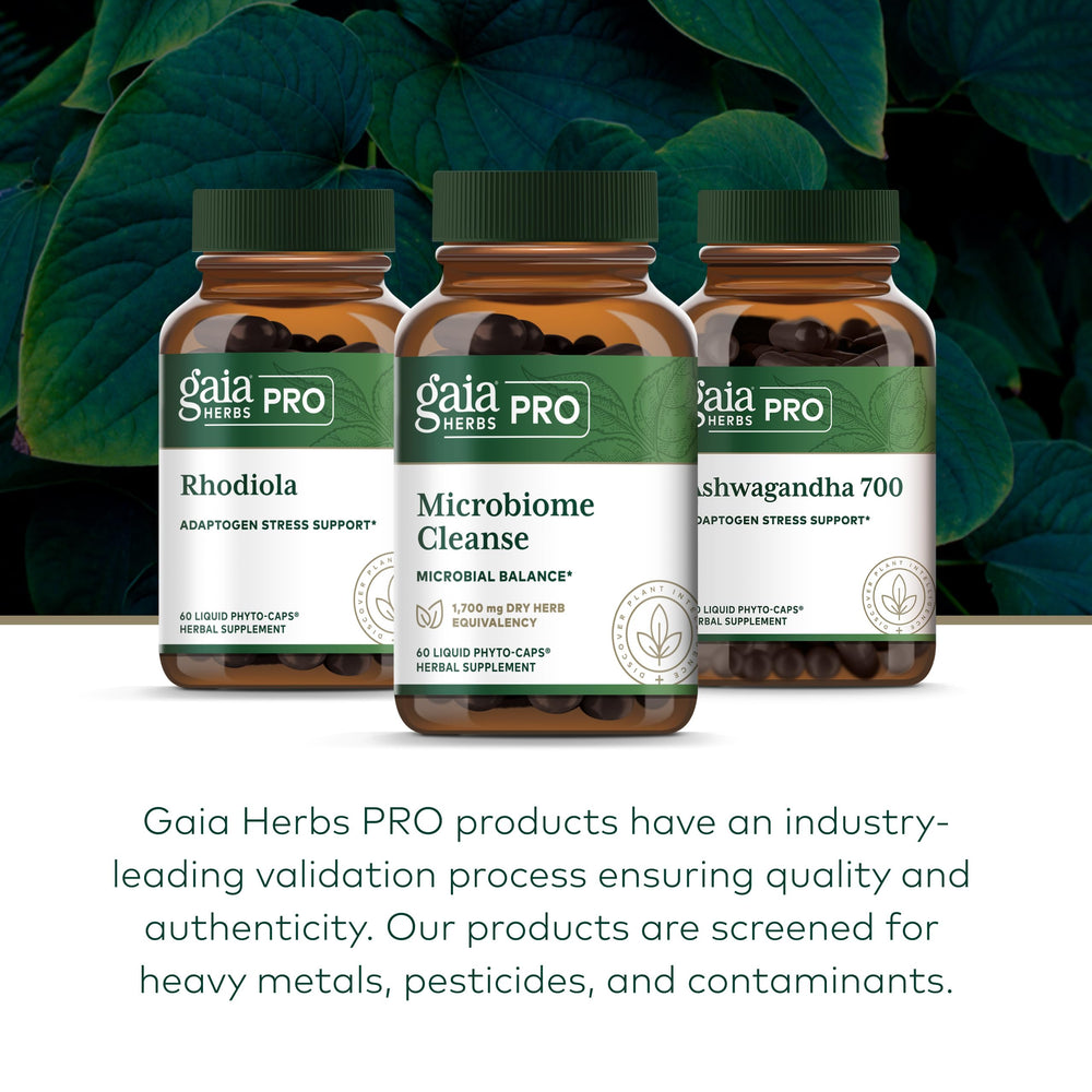 GAIA Herbs Pro Microbiome Cleanse bottle with capsule array suggests convenient daily use.