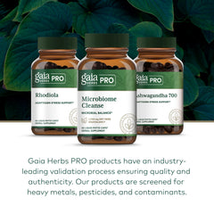 GAIA Herbs Pro Microbiome Cleanse bottle with capsule array suggests convenient daily use.