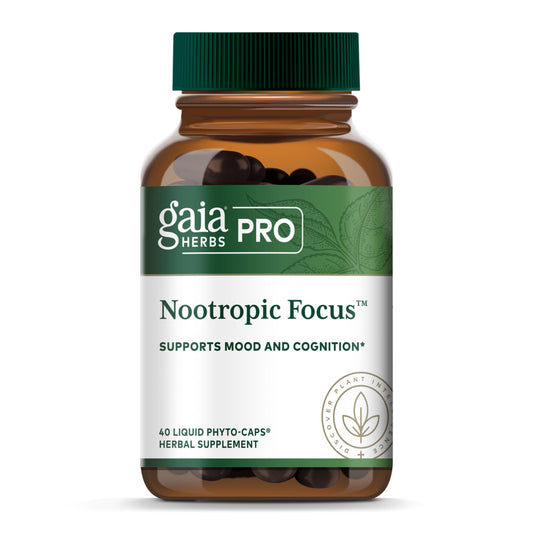 GAIA HERBS PRO Nootropic Focus bottle front promoting daily brain health support.