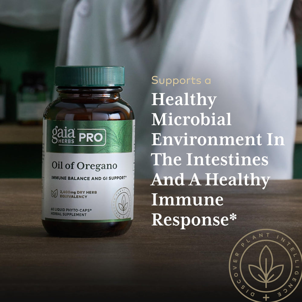 GAIA Herbs PRO oil of oregano pouring in bottle conveys ease of use