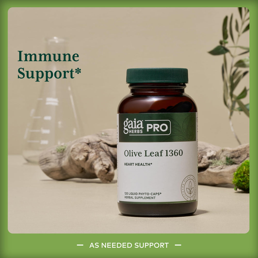 Gaia Herbs PRO Olive Leaf 1360 capsules ready for heart health support.