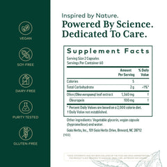 Gaia Herbs PRO Olive Leaf 1360 label highlights oleuropein concentration.