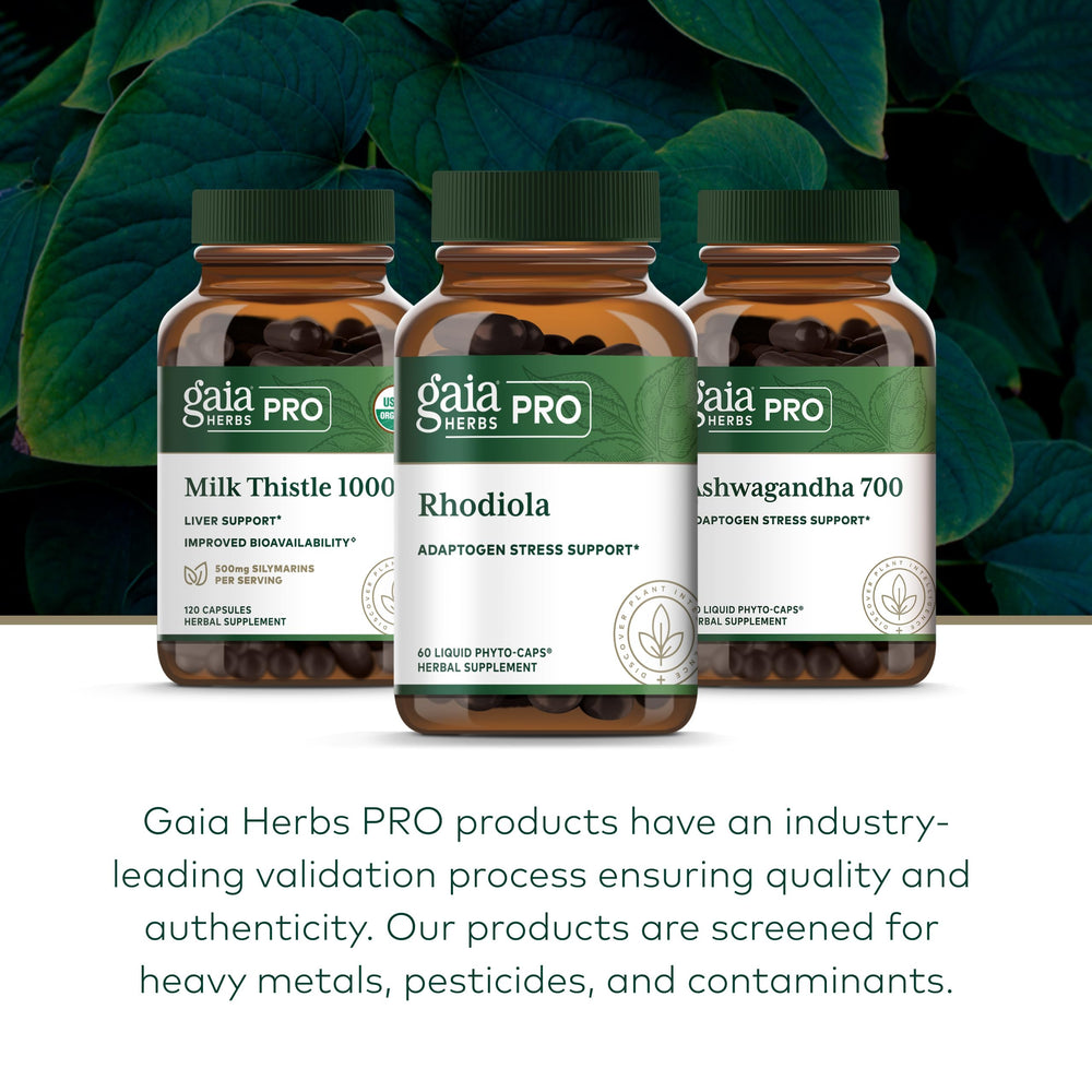 Gaia Herbs PRO quality testing seal emphasizing consistent potency
