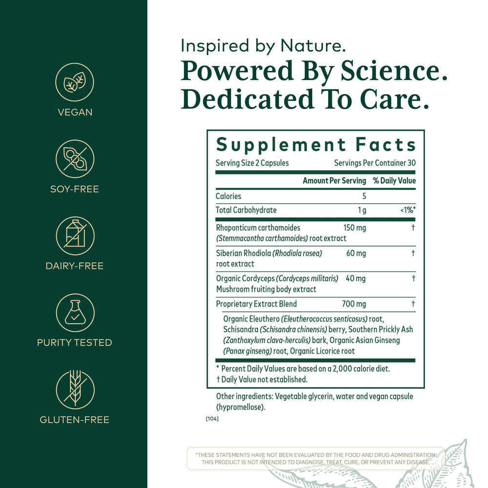 Gaia Herbs Pro Revive HPA capsules close-up highlighting herbal blend for balanced energy.