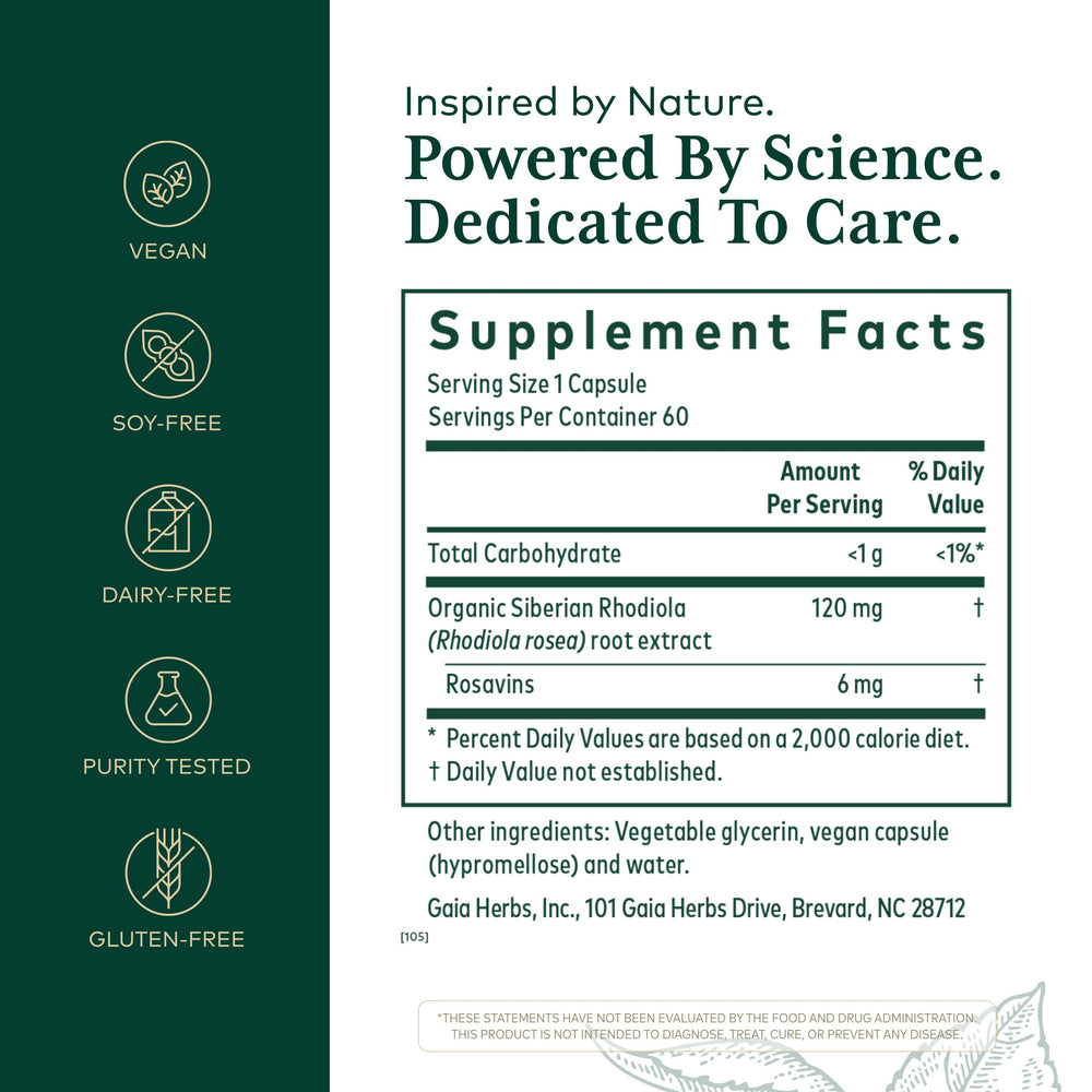Gaia Herbs PRO Rhodiola root extract bottle close-up showing potency