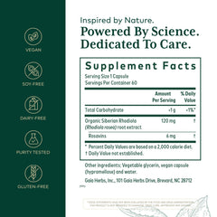 Gaia Herbs PRO Rhodiola root extract bottle close-up showing potency