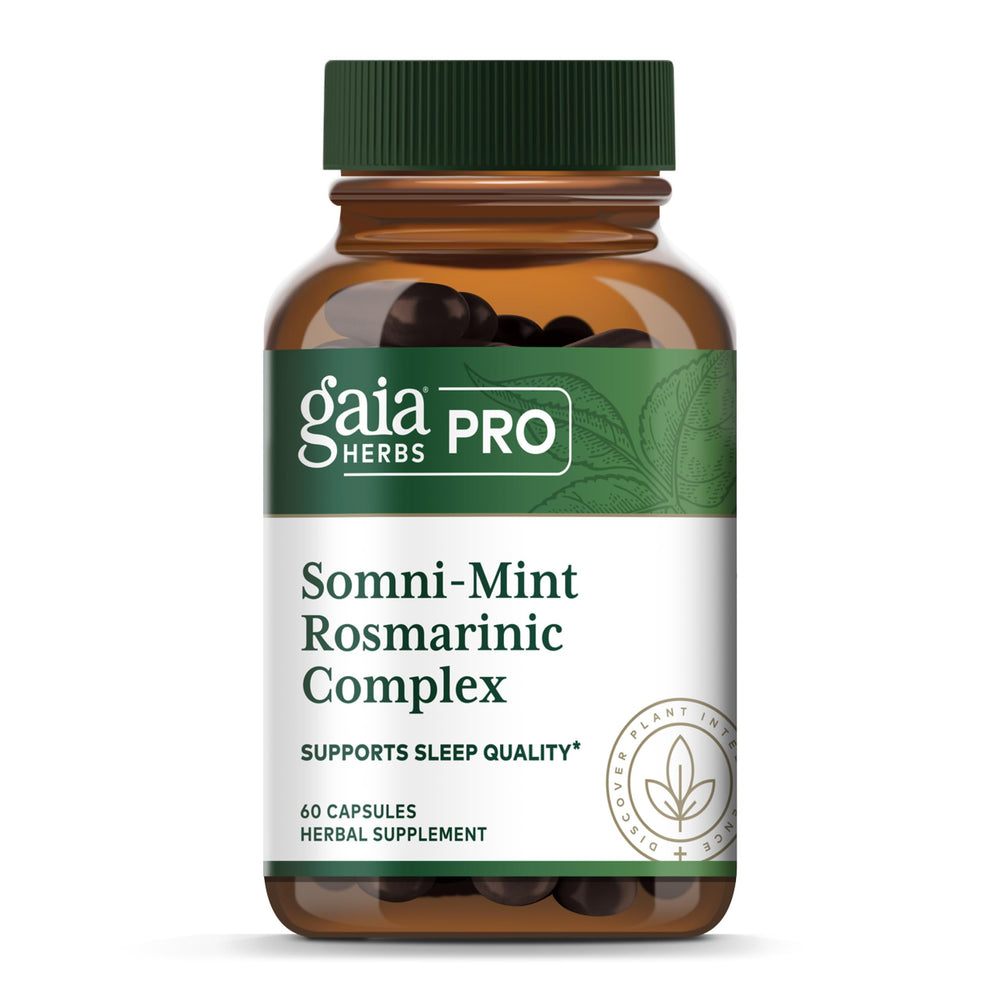 Gaia Herbs PRO Somni-Mint Rosmarinic Complex bottle with capsules for nightly relaxation